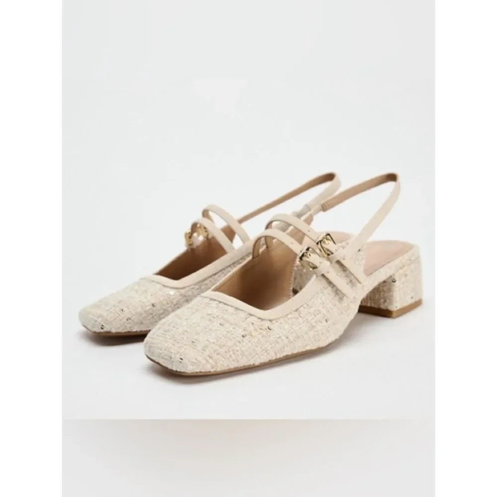 Zara Tweed Marry Jane Double Strap Slingback Block Heels 40/9